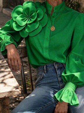Green Elegant Women's 3D Floral Applique Stand Collar Shirt